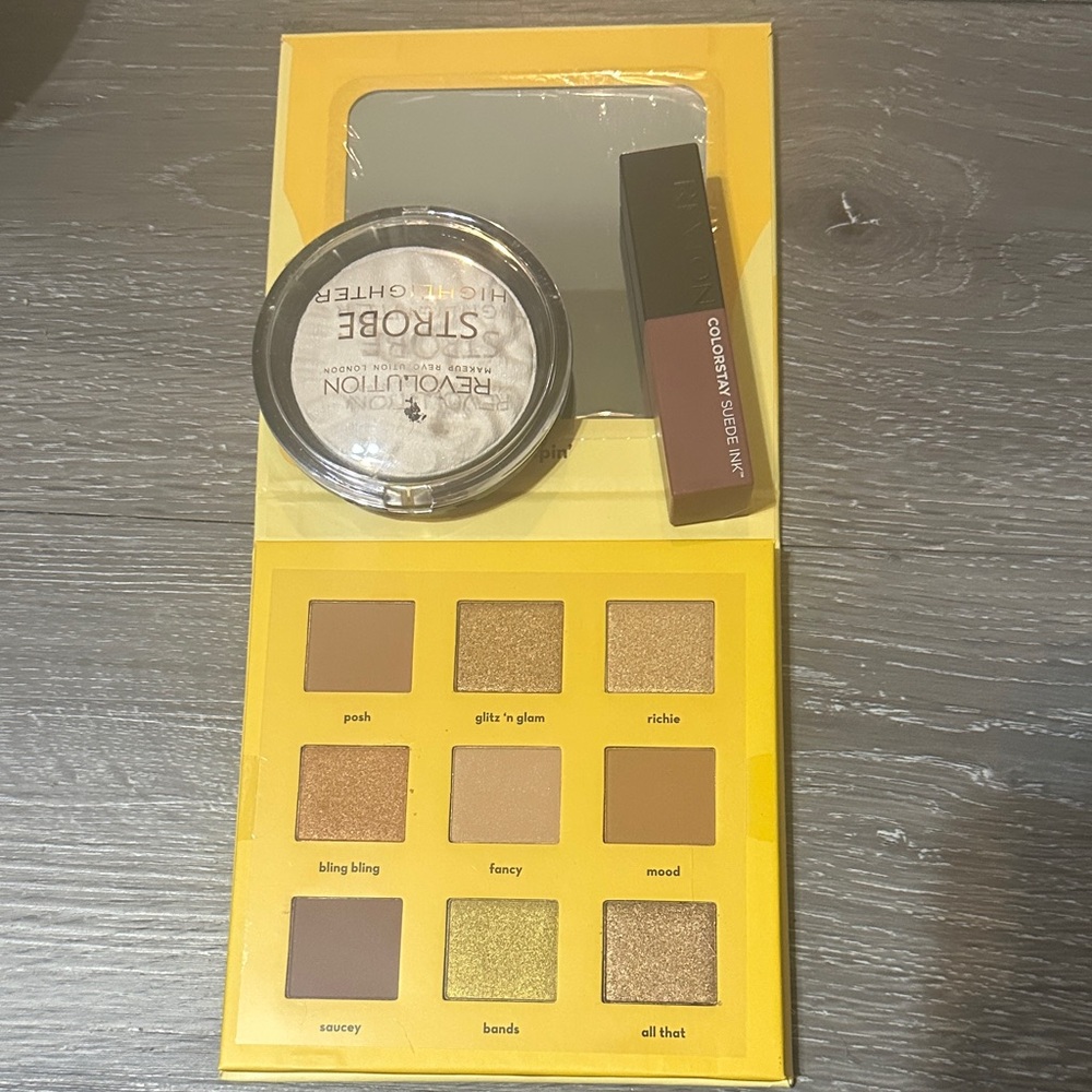 The Creme shop Eyeshadow Palette, highlighter w/ revlon suede ink lipstick